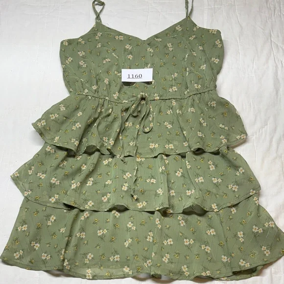 Cottagecore Sage Green Floral Tiered Ruffle Mini Babydoll Dress Coastal Cowgirl - Picture 13 of 13